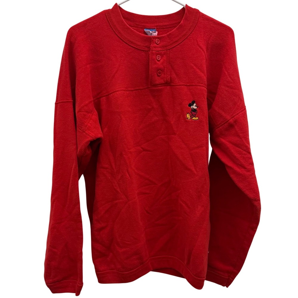 VTG Disney Mickey Mouse Red Henley Sweatshirt Unisex XL Fleece Lined Embroidered
